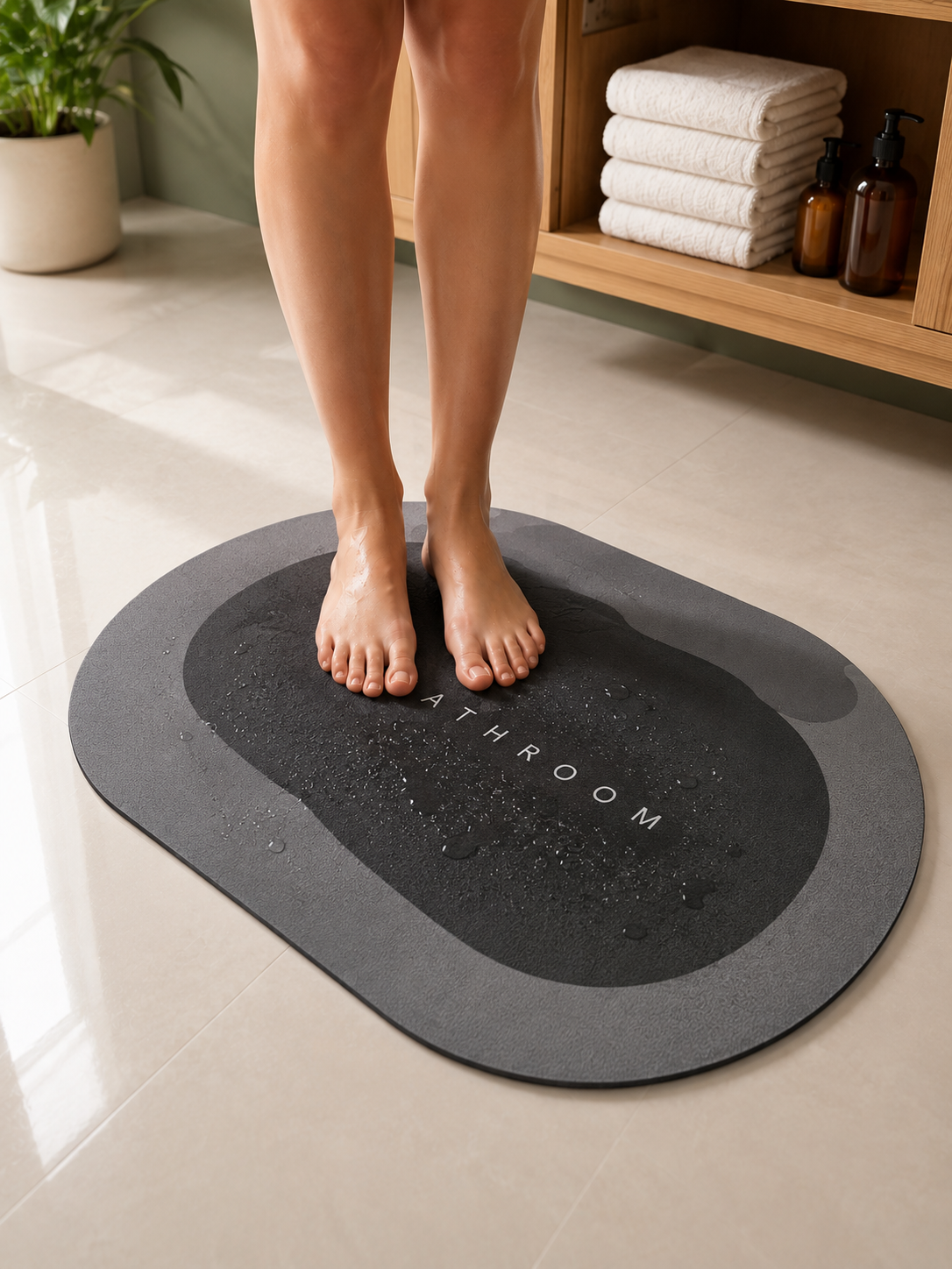 Pies descalzos sobre la alfombra Homara Nube, con el piso del bano completamente seco alrededor